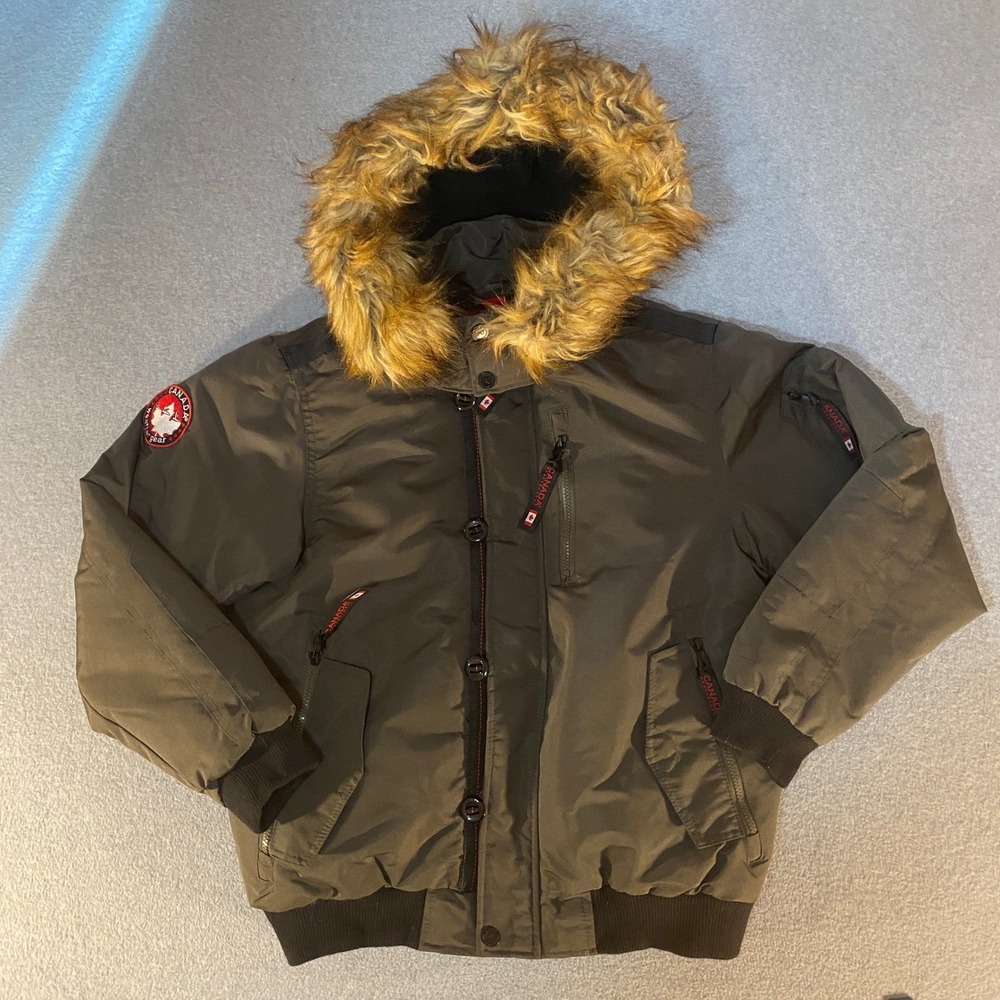 Canada Weathergear Mens Snorkel Bomber Jacket Olive Green Faux Fur Hood Medium